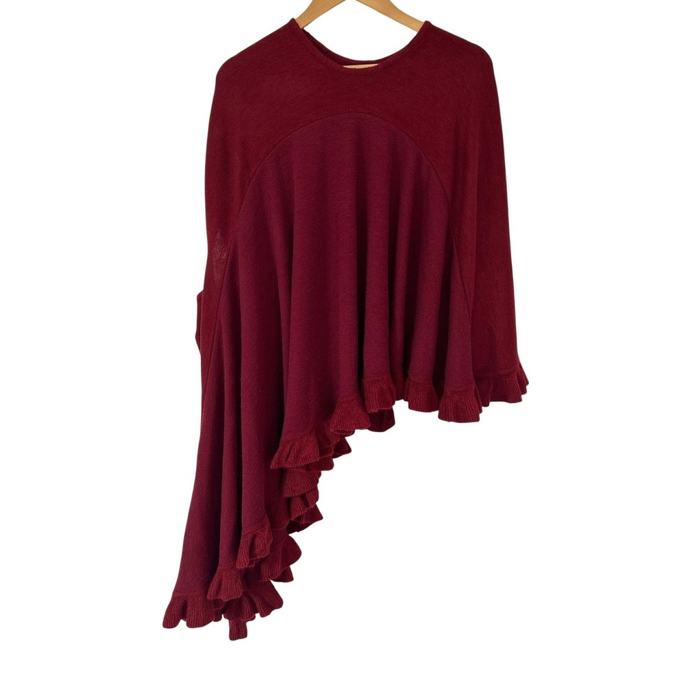 Burgundy Asymmetrical Poncho Sweater Cape Ruffle Hem Boho Whimsigoth Avant Garde